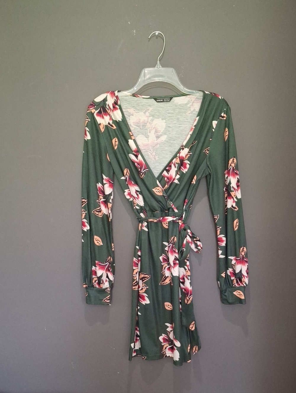 shein pink and green dress | Dresses | Shein Dark Floral Wrap With Cream Blooms Shein floral dresses
